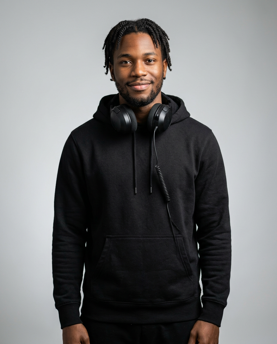Generated portrait of a host in a black hoodie with headphones