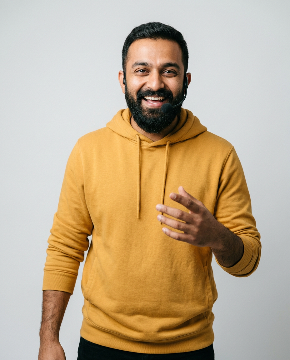 Generated portrait of a bearded host in a yellow hoodie with a microphone
