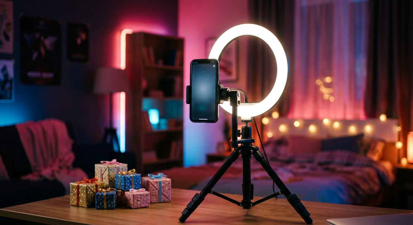 Generated image of a phone on a tripod in front of a lit ring light, with wrapped gifts on a desk